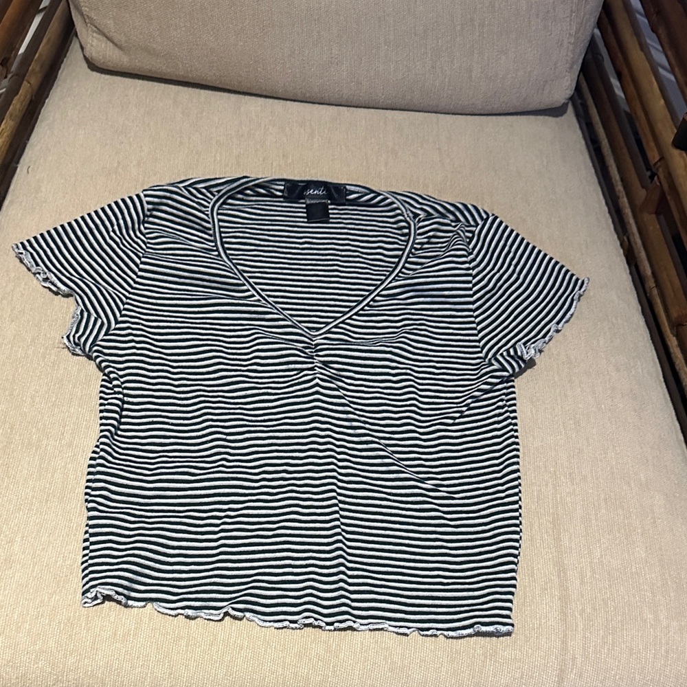 Essentials Black and White Striped V-Neck Short Sleeve Top
